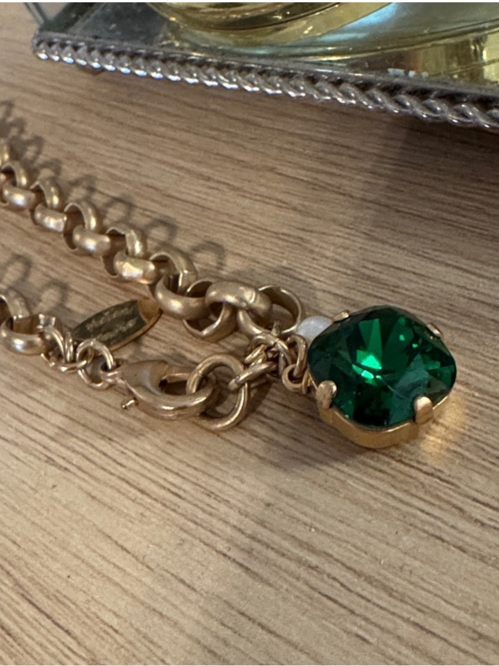 Gold Chain Necklace with Emerald Green Crystal Charm